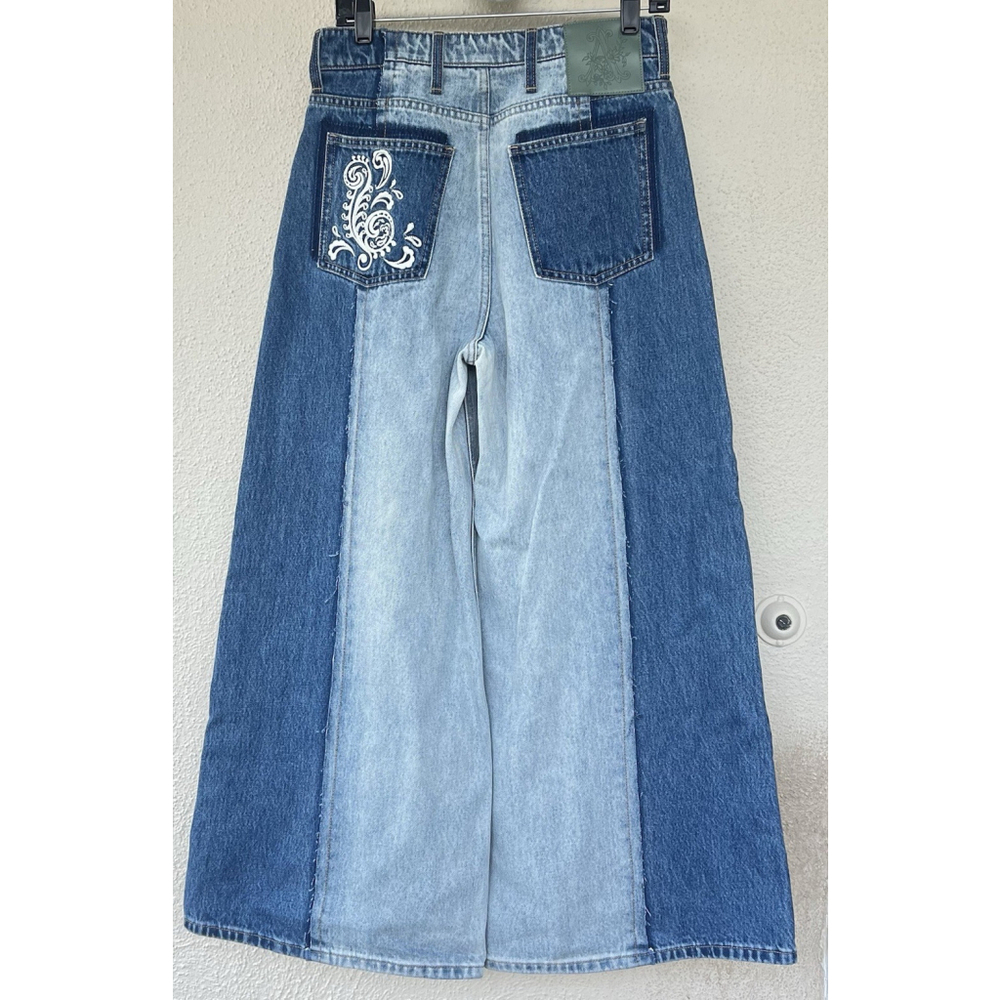 NWT Alemais Jacones Spliced Denim Jean Indigo Wide Leg Embroidered AU 10 US 6 - Picture 9 of 13